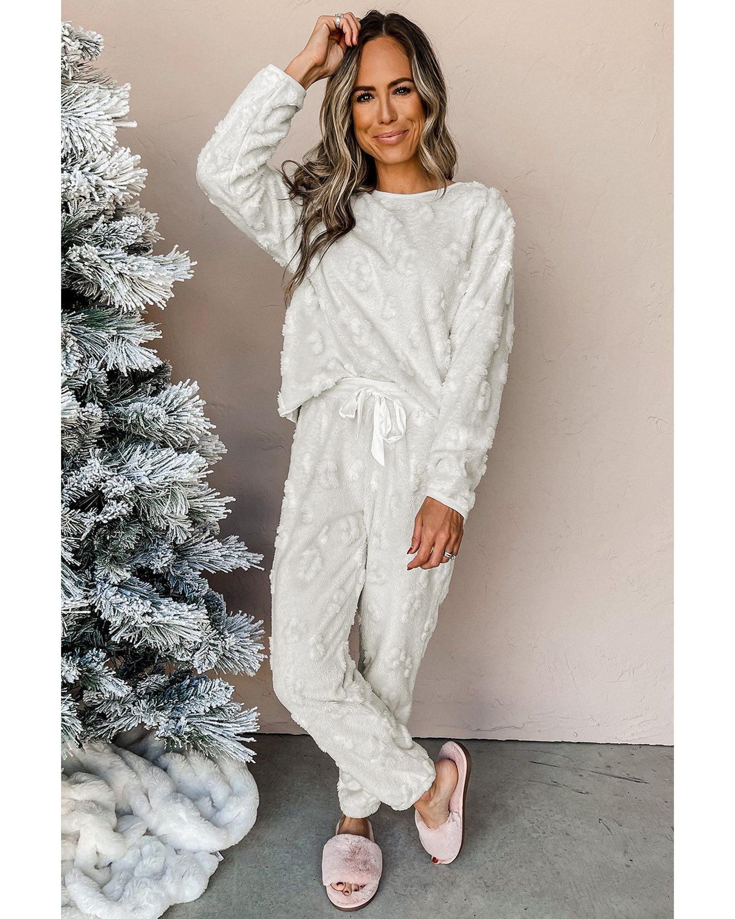 Light Grey Leopard Textured Loose Fit Fleece Lounge Set - S