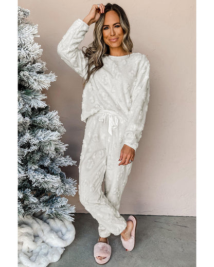 Light Grey Leopard Textured Loose Fit Fleece Lounge Set - S