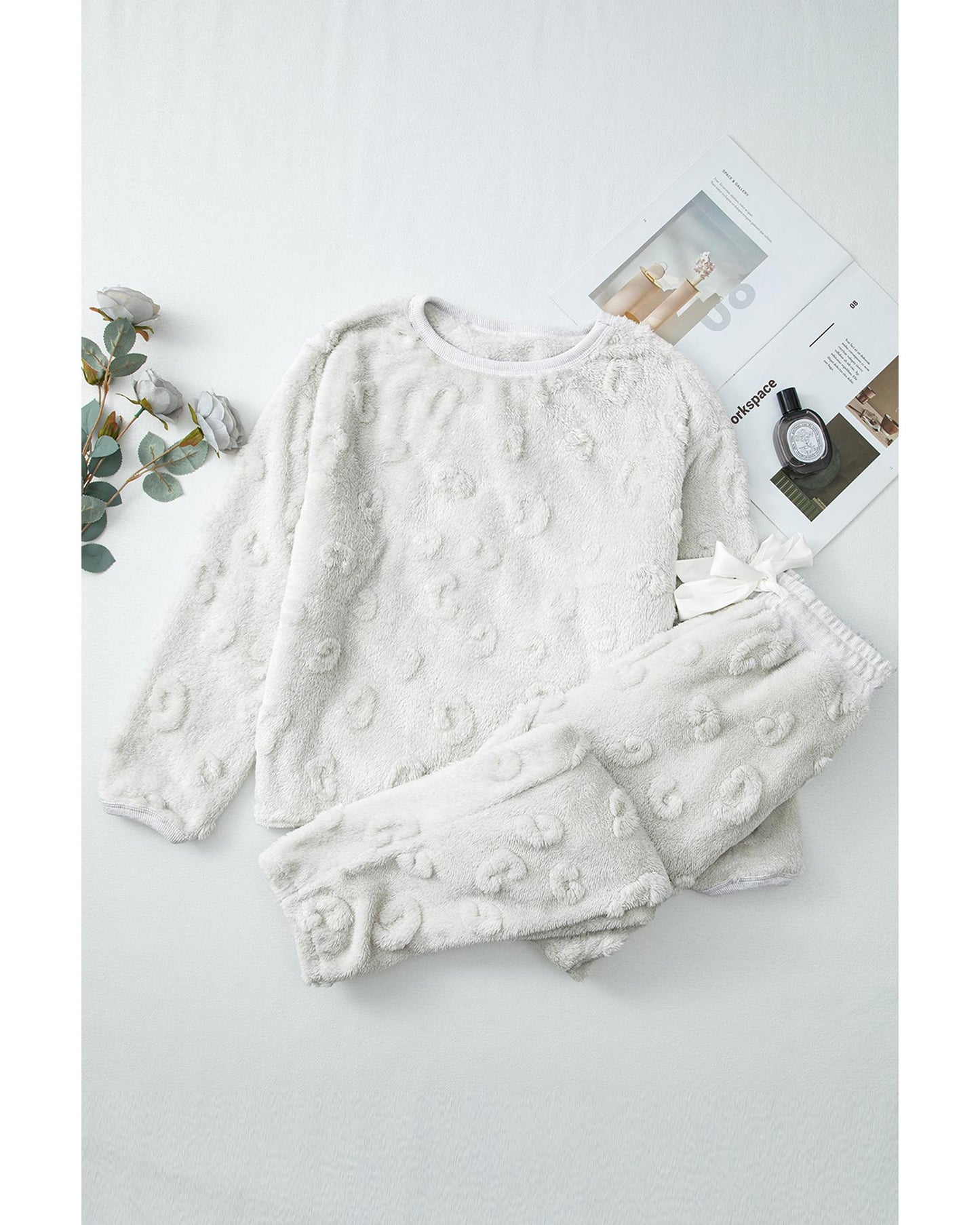 Light Grey Leopard Textured Loose Fit Fleece Lounge Set - S