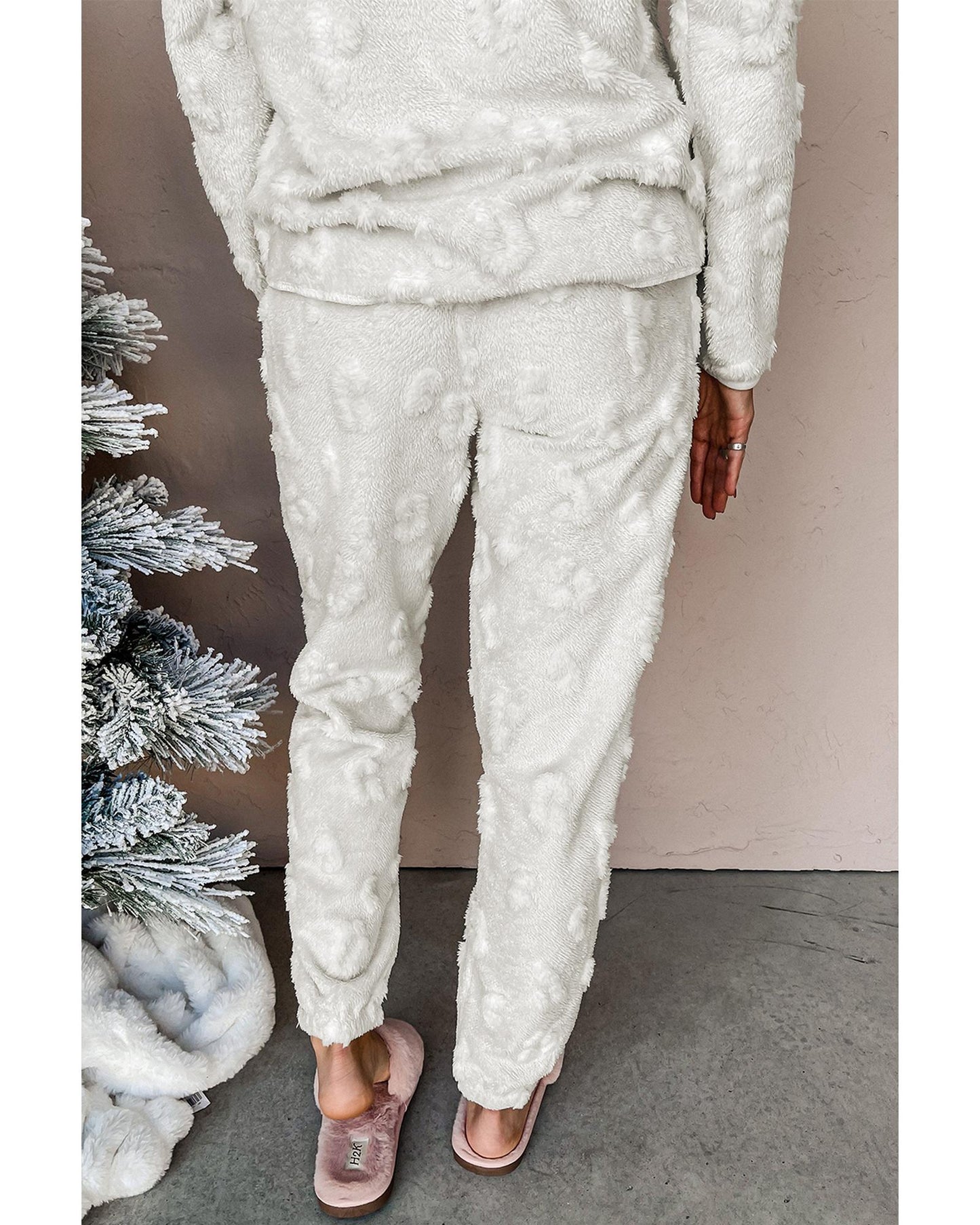 Light Grey Leopard Textured Loose Fit Fleece Lounge Set - S