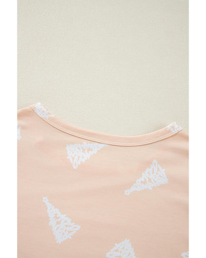 Apricot Christmas Tree Print Loose Fit Two Piece Pajama Set - L