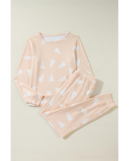 Apricot Christmas Tree Print Loose Fit Two Piece Pajama Set - L