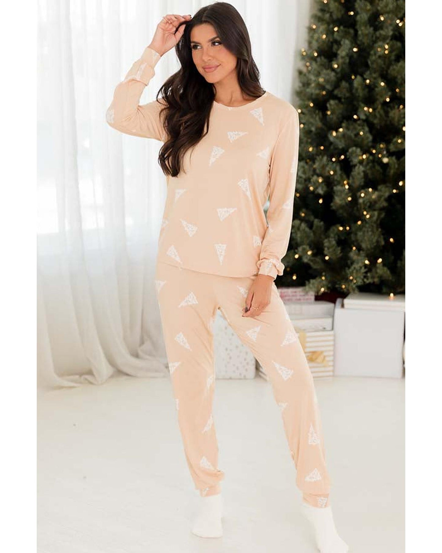 Apricot Christmas Tree Print Loose Fit Two Piece Pajama Set - L