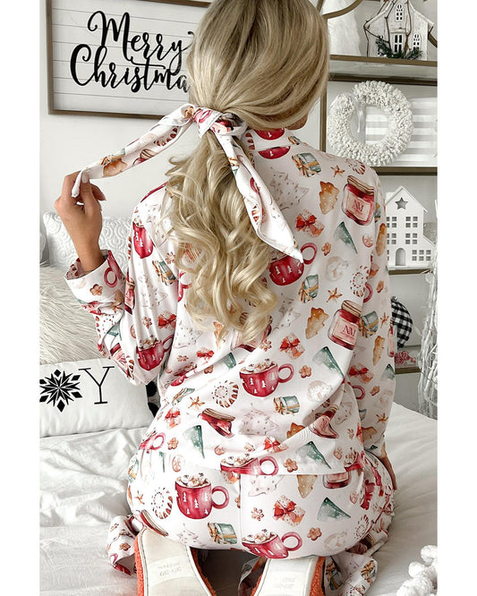 White Christmas Pattern Long Sleeve Shirt and Pants Pajama Set - L