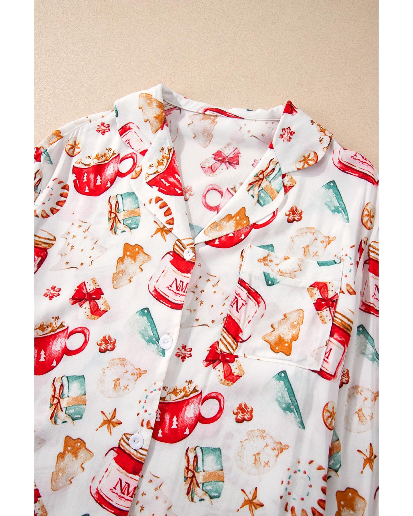 White Christmas Pattern Long Sleeve Shirt and Pants Pajama Set - L