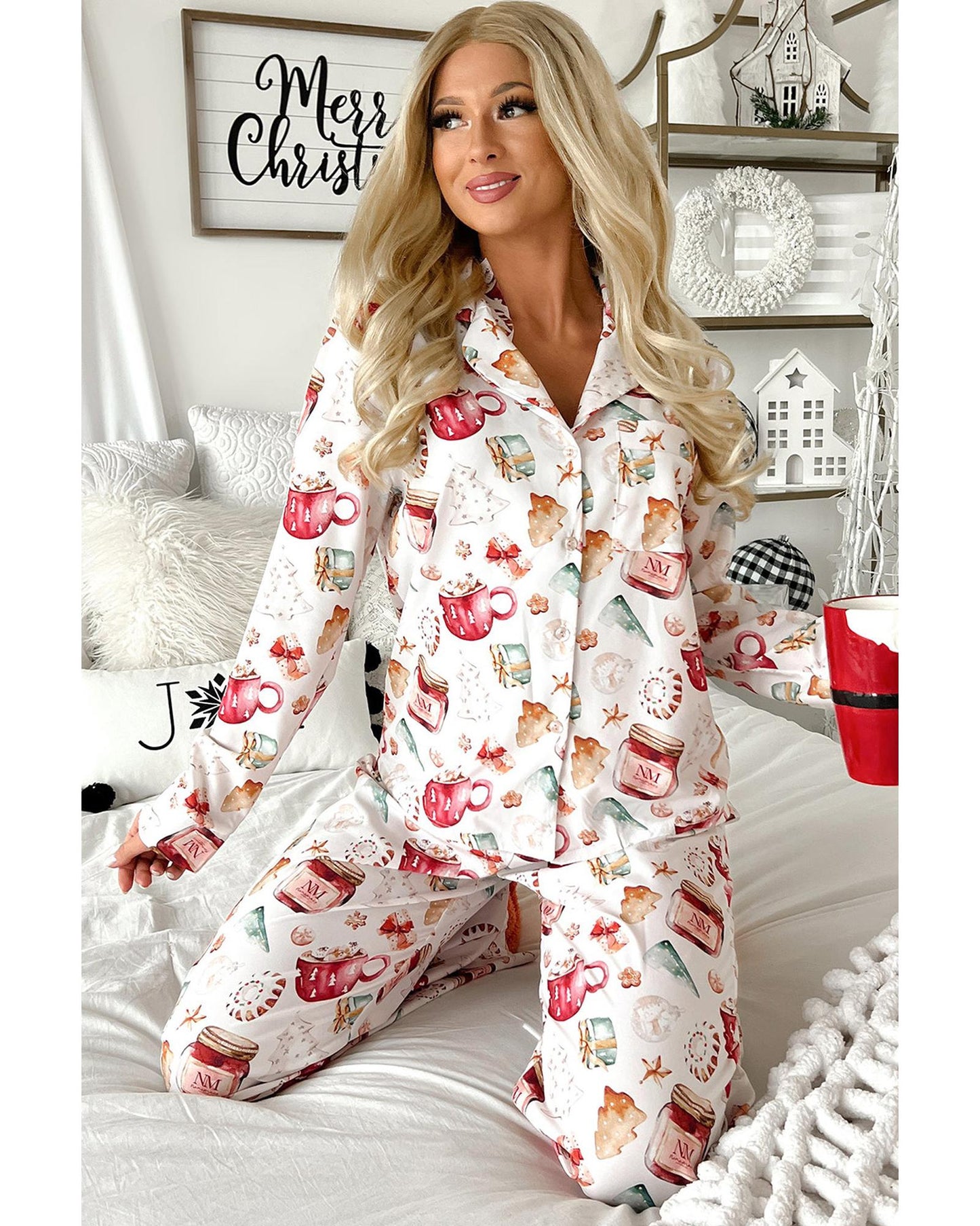White Christmas Pattern Long Sleeve Shirt and Pants Pajama Set - L