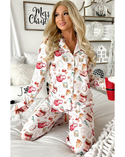 White Christmas Pattern Long Sleeve Shirt and Pants Pajama Set - L