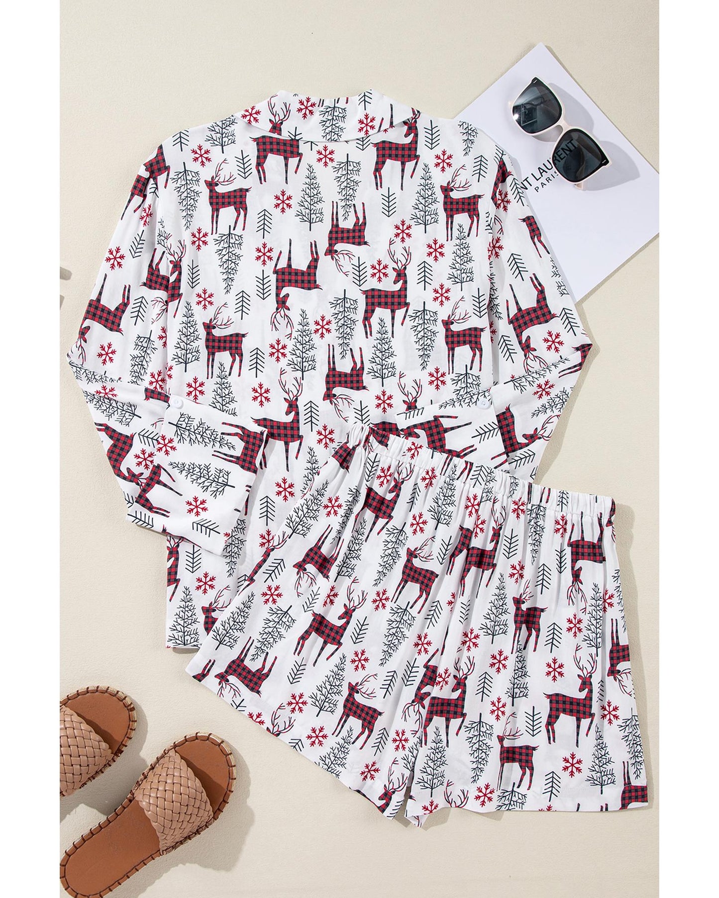 White Christmas Deer Printed Shirt and Shorts Lounge Set - L