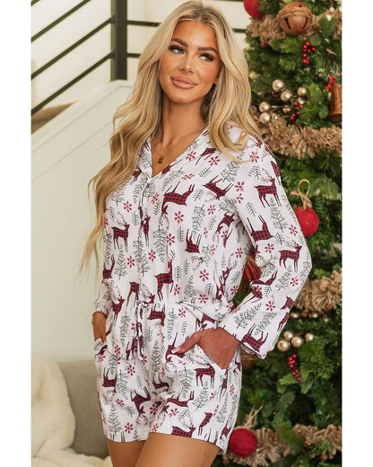 White Christmas Deer Printed Shirt and Shorts Lounge Set - L