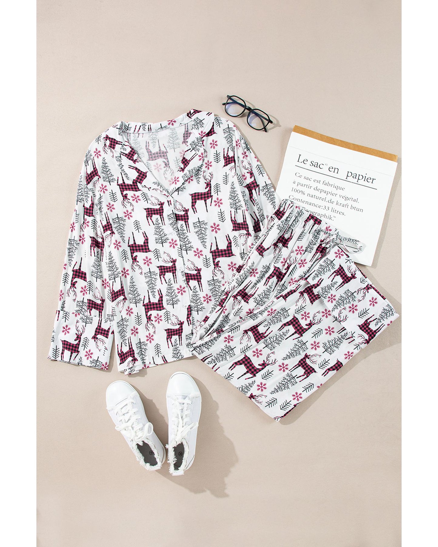 White Christmas Printed Shirt and Pants Pajama Set - M