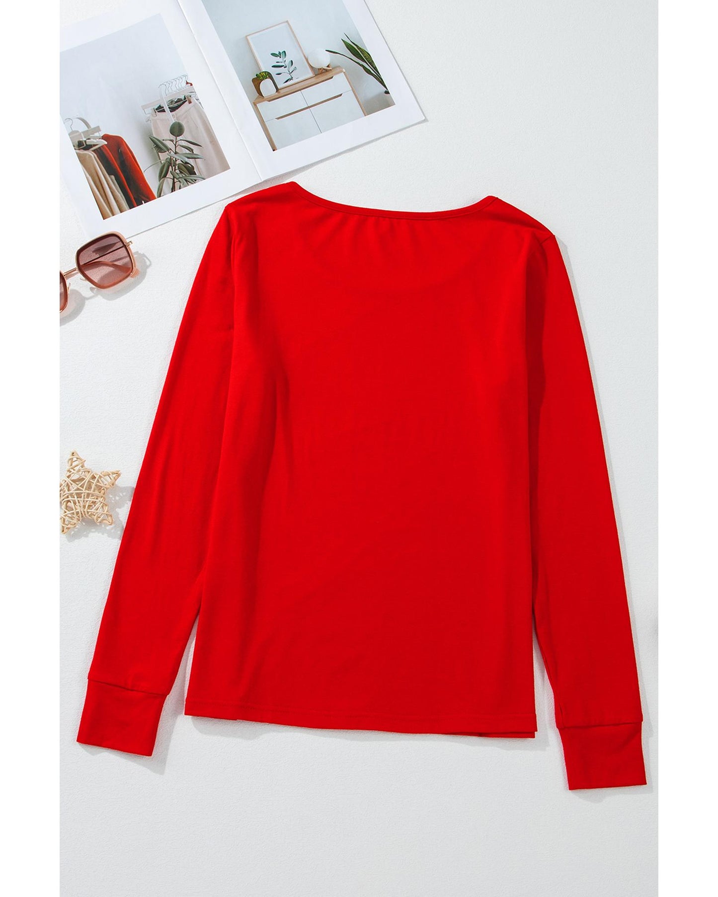 Red Solid Top and Christmas Pants Two Piece Lounge Set - L