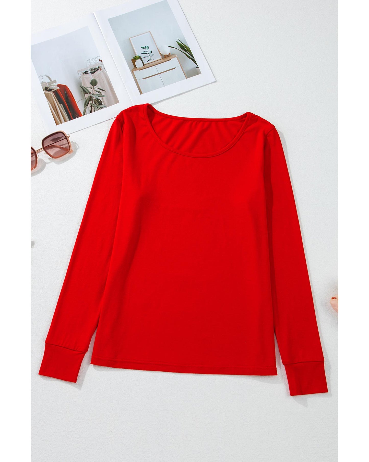 Red Solid Top and Christmas Pants Two Piece Lounge Set - L