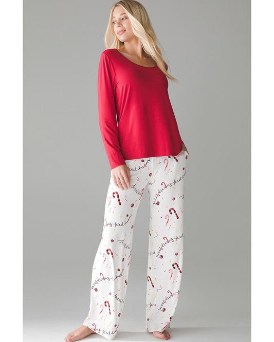 Red Solid Top and Christmas Pants Two Piece Lounge Set - L