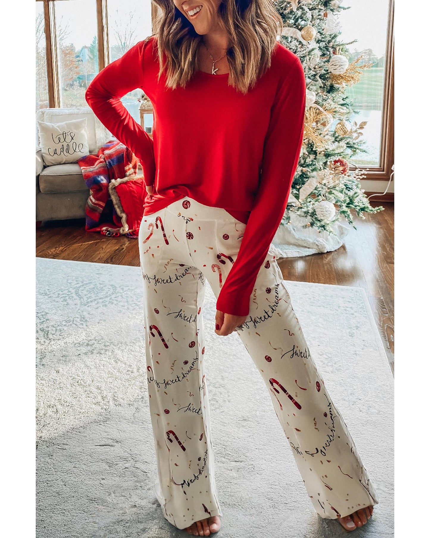 Red Solid Top and Christmas Pants Two Piece Lounge Set - L