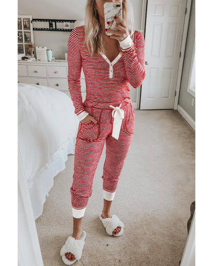 Red Stripe Buttoned V Neck Top and Knotted Waist Pants Lounge Set - M