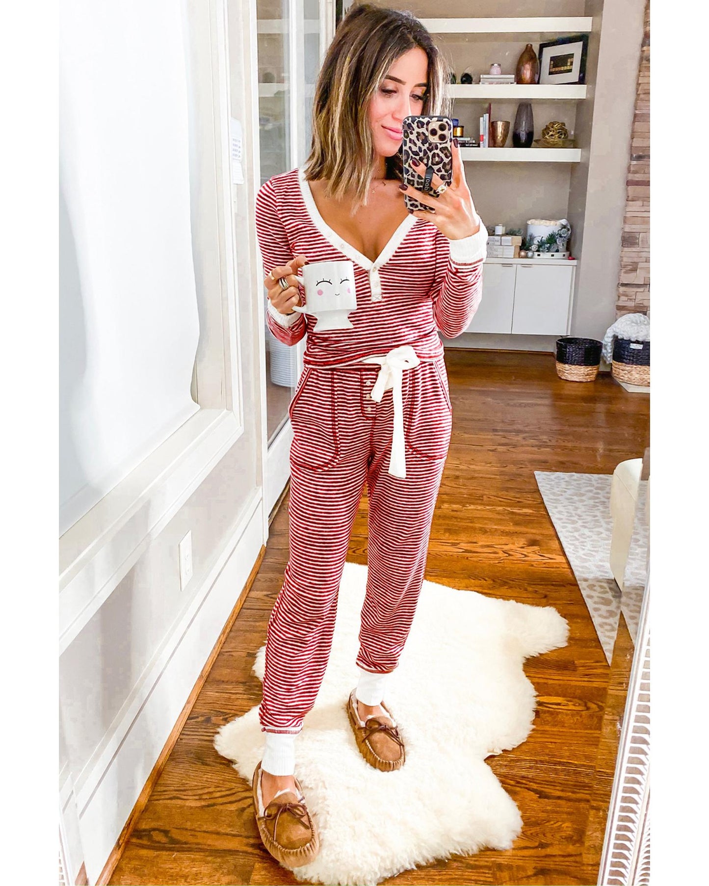 Red Stripe Buttoned V Neck Top and Knotted Waist Pants Lounge Set - M