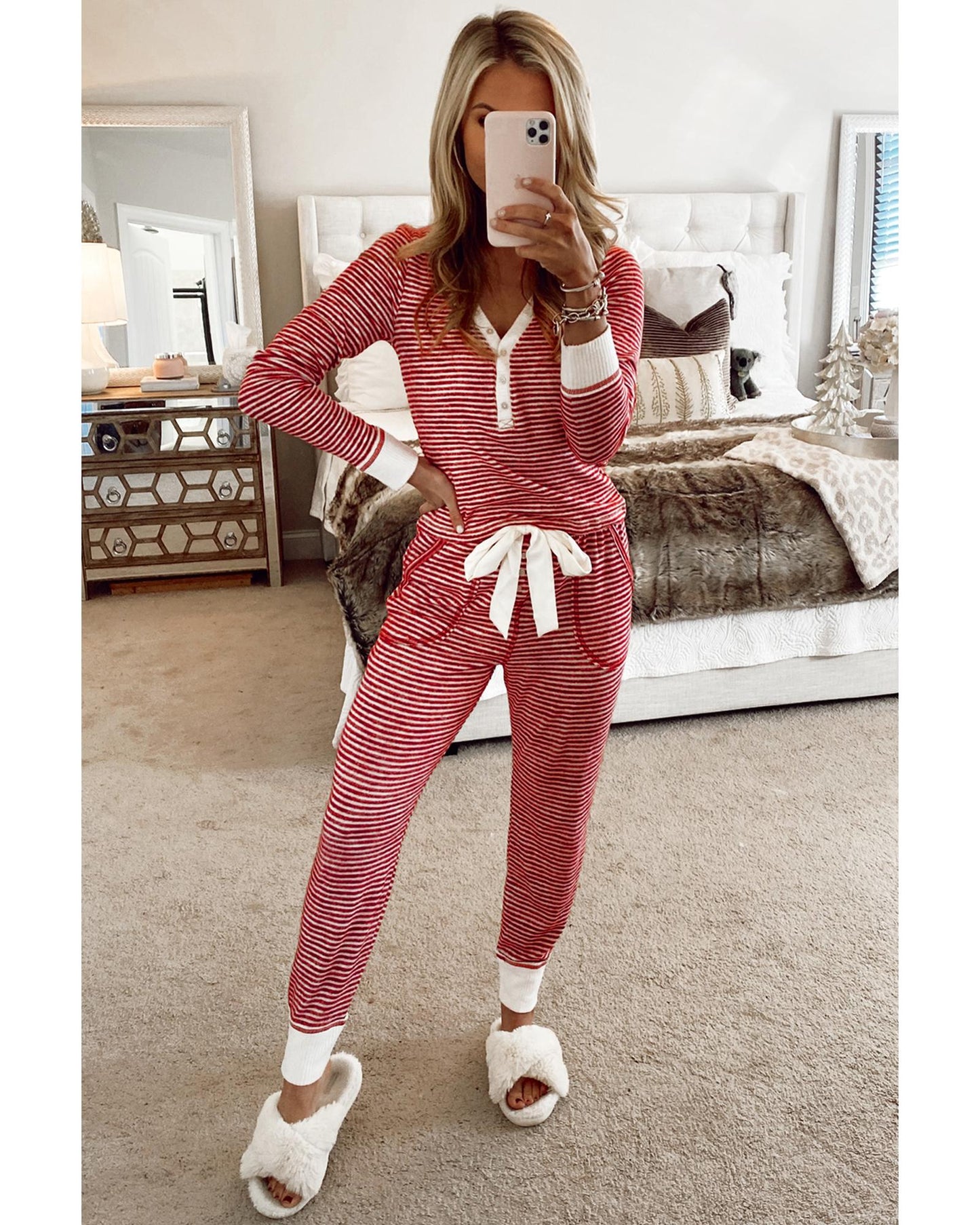 Red Stripe Buttoned V Neck Top and Knotted Waist Pants Lounge Set - M