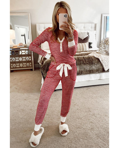 Red Stripe Buttoned V Neck Top and Knotted Waist Pants Lounge Set - M