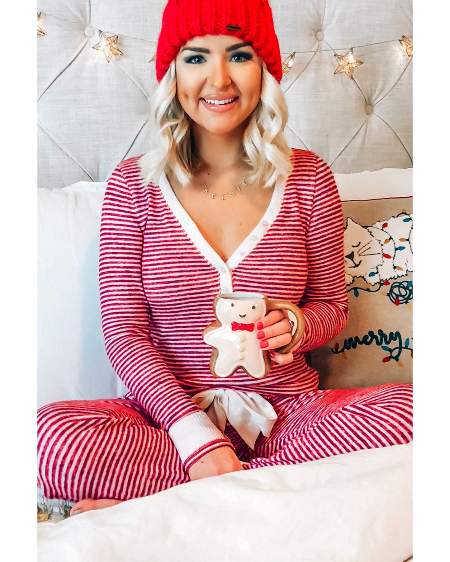 Red Stripe Buttoned V Neck Top and Knotted Waist Pants Lounge Set - M