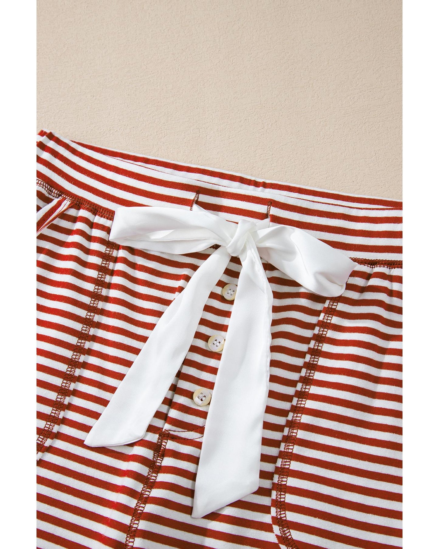 Red Stripe Buttoned V Neck Top and Knotted Waist Pants Lounge Set - M