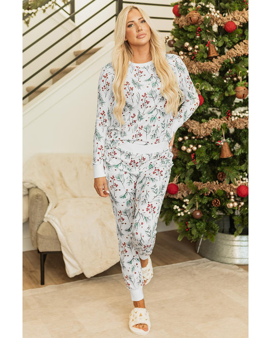 White Holly Print Thermal Pullover Pants Lounge Set - S