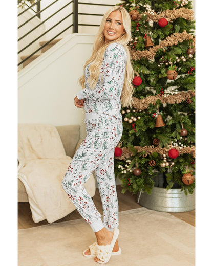 White Holly Print Thermal Pullover Pants Lounge Set - S