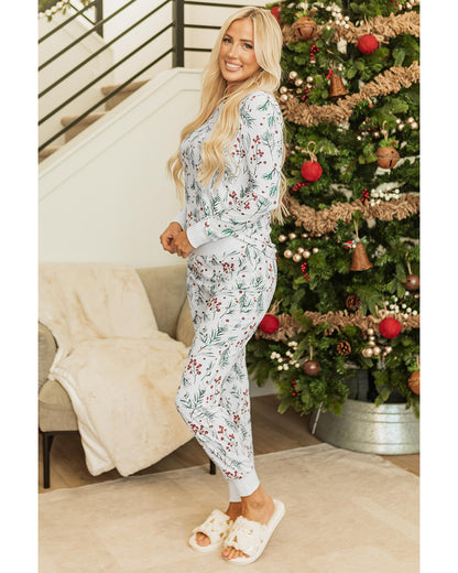 White Holly Print Thermal Pullover Pants Lounge Set - S