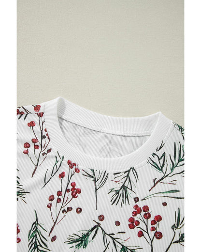 White Holly Print Thermal Pullover Pants Lounge Set - S