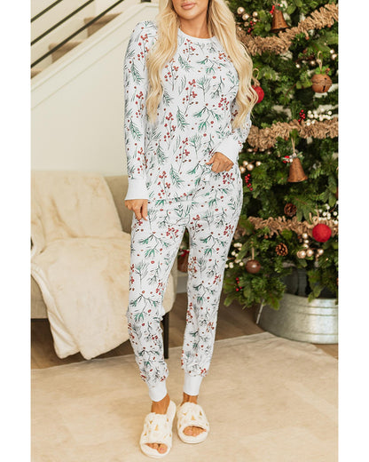 White Holly Print Thermal Pullover Pants Lounge Set - S