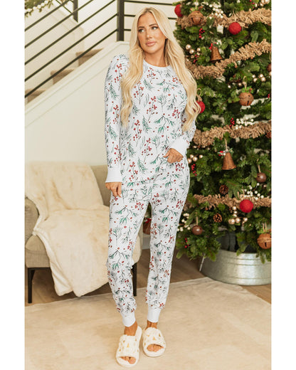 White Holly Print Thermal Pullover Pants Lounge Set - S