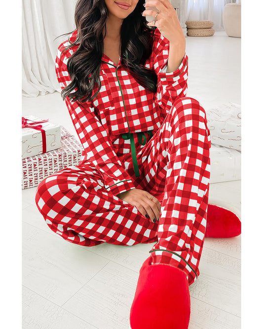 Fiery Red Christmas Plaid Print Shirt and Pants Pajama Set - S