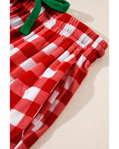 Fiery Red Christmas Plaid Print Shirt and Pants Pajama Set - S