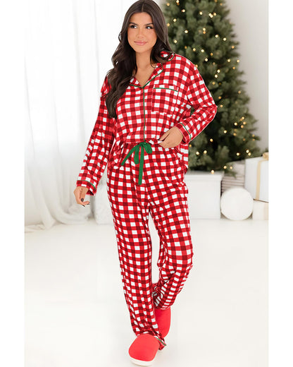 Fiery Red Christmas Plaid Print Shirt and Pants Pajama Set - S