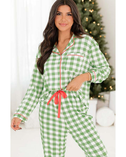 Light Green Christmas Plaid Print Shirt and Pants Pajama Set - L