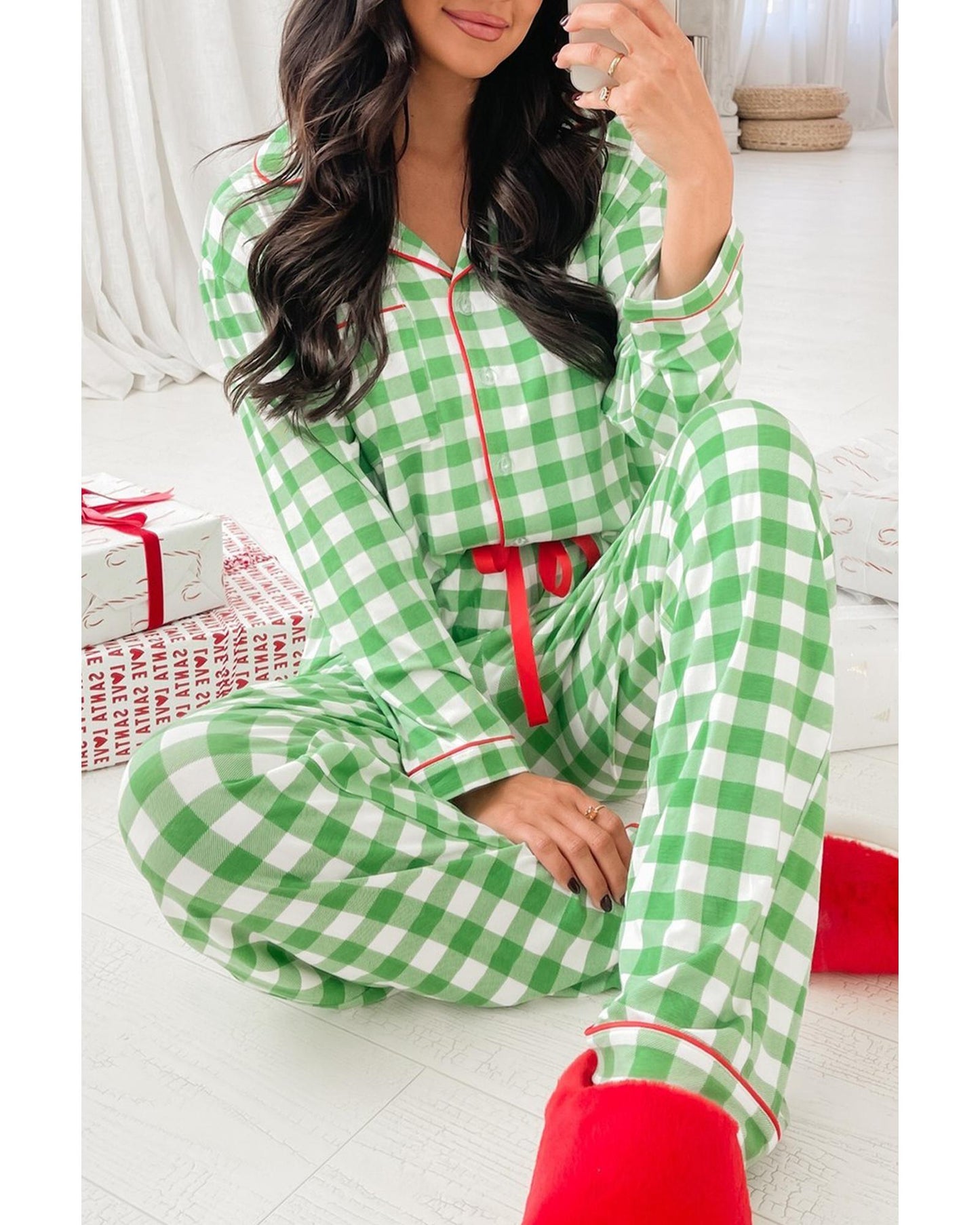 Light Green Christmas Plaid Print Shirt and Pants Pajama Set - L