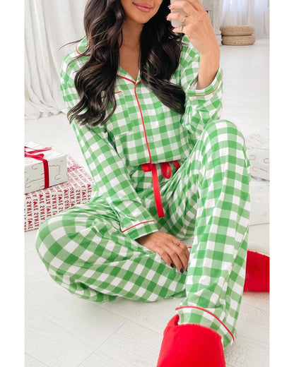 Light Green Christmas Plaid Print Shirt and Pants Pajama Set - L