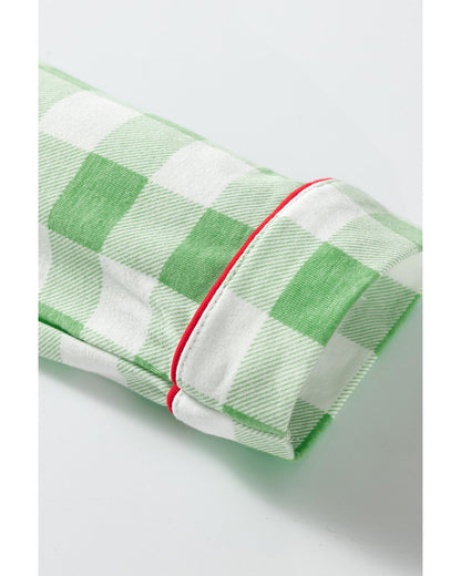 Light Green Christmas Plaid Print Shirt and Pants Pajama Set - L