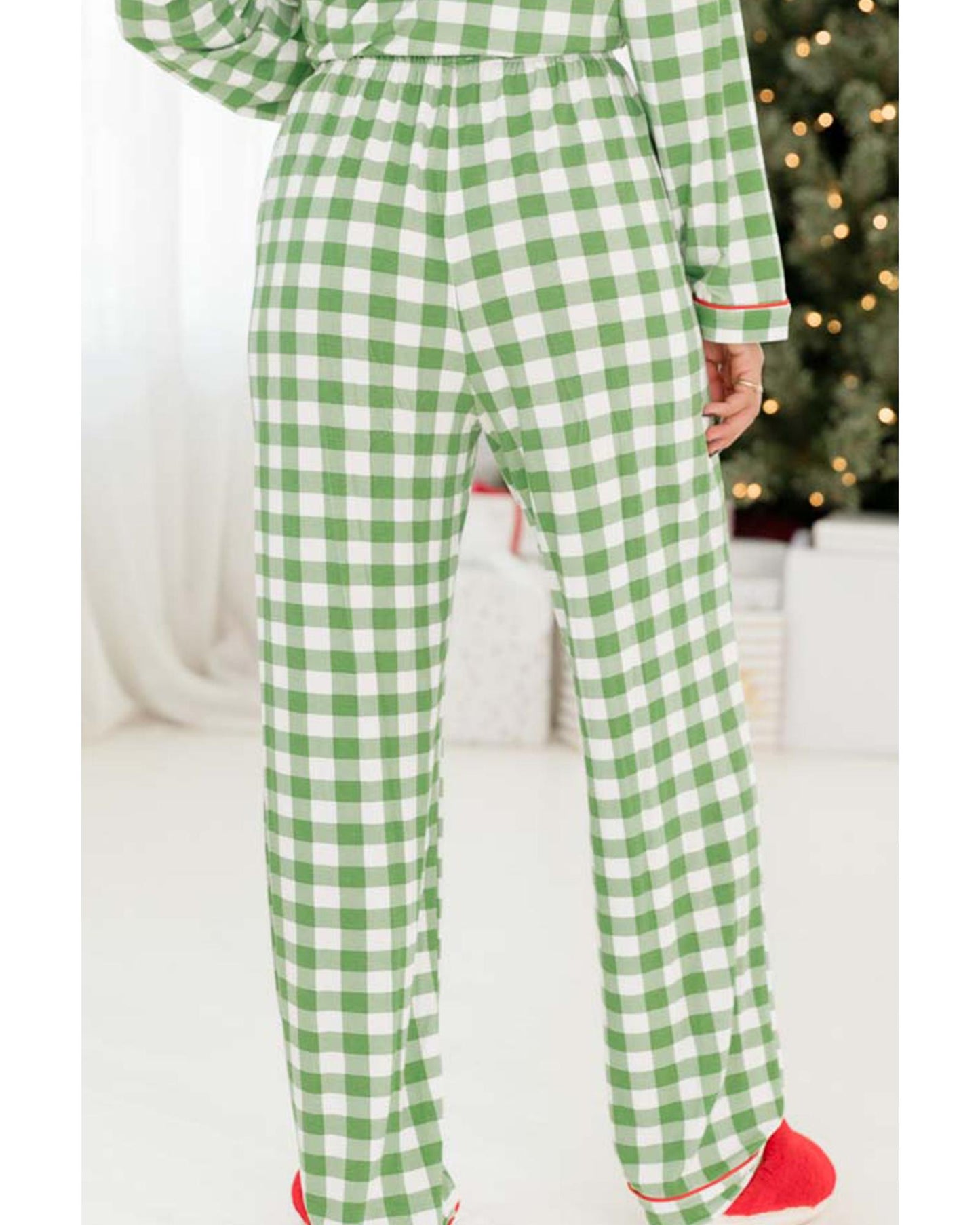 Light Green Christmas Plaid Print Shirt and Pants Pajama Set - L