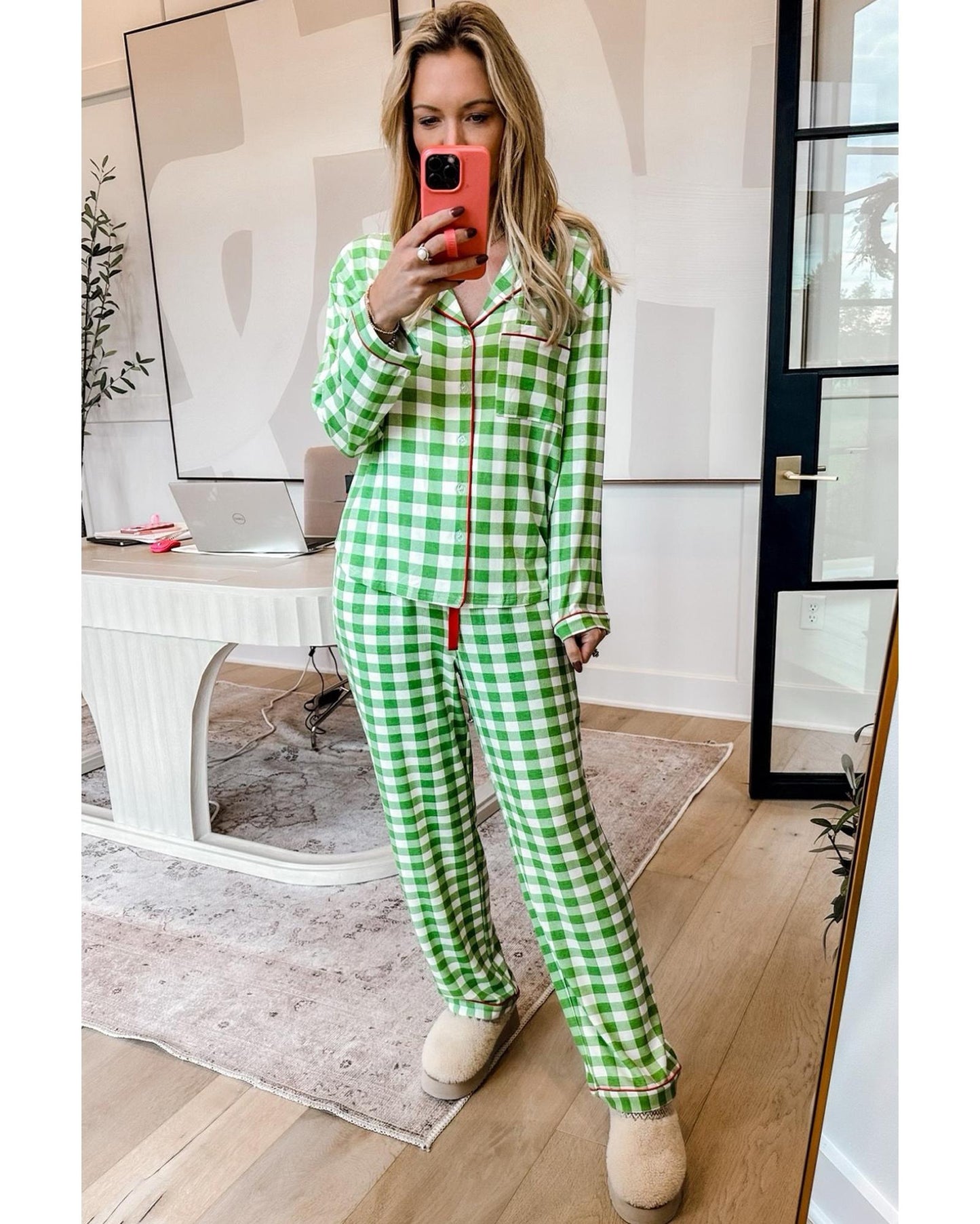 Light Green Christmas Plaid Print Shirt and Pants Pajama Set - L