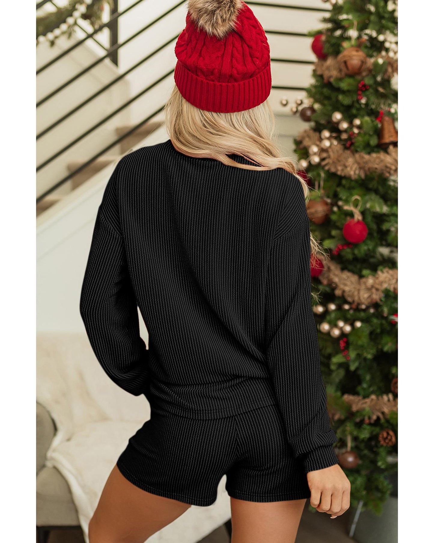 Black Corded MERRY Graphic Long Sleeve Top and Shorts Set - L