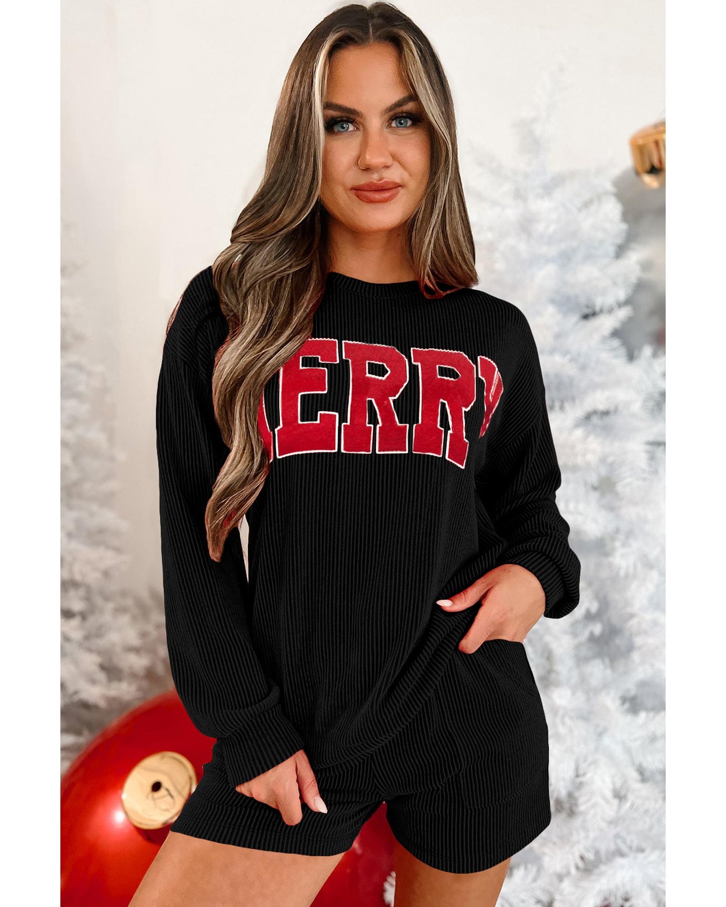 Black Corded MERRY Graphic Long Sleeve Top and Shorts Set - L
