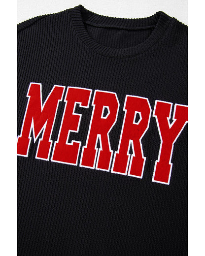 Black Corded MERRY Graphic Long Sleeve Top and Shorts Set - L