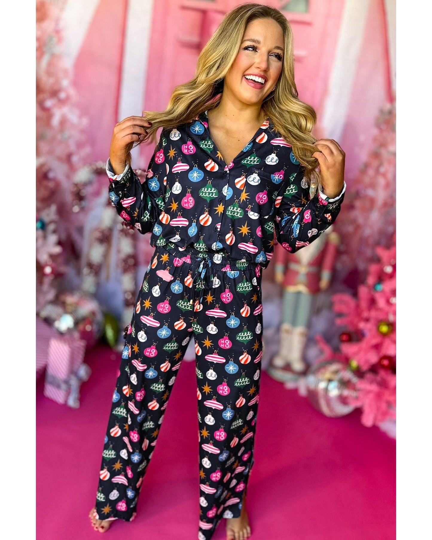 Navy Blue Colorful Christmas Lights Print Shirt and Pants Pajama Set - M