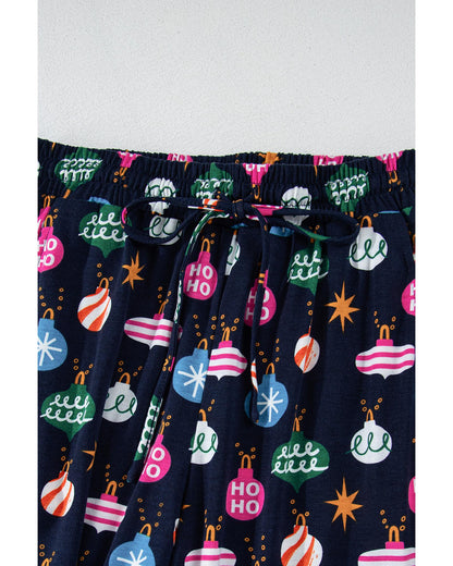 Navy Blue Colorful Christmas Lights Print Shirt and Pants Pajama Set - M