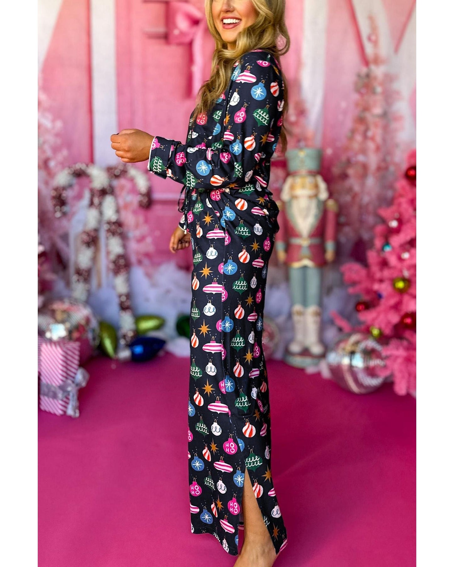 Navy Blue Colorful Christmas Lights Print Shirt and Pants Pajama Set - M