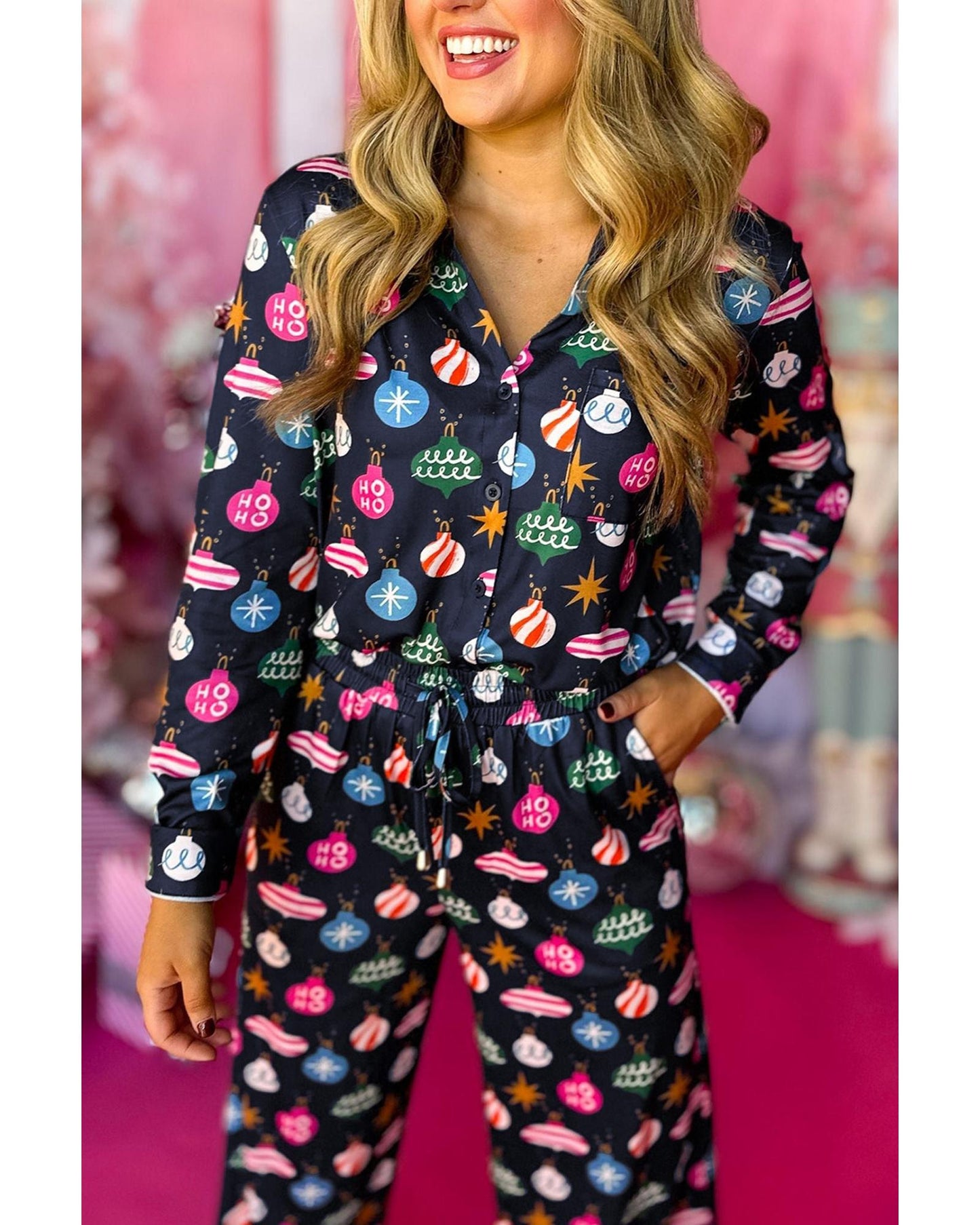Navy Blue Colorful Christmas Lights Print Shirt and Pants Pajama Set - M