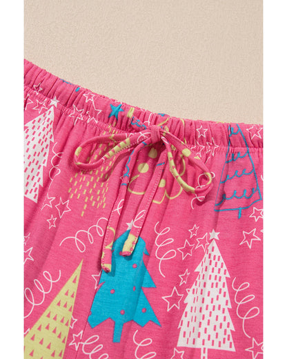 Rose Christmas Tree Print V Neck Tee and Pants Lounge Set - S