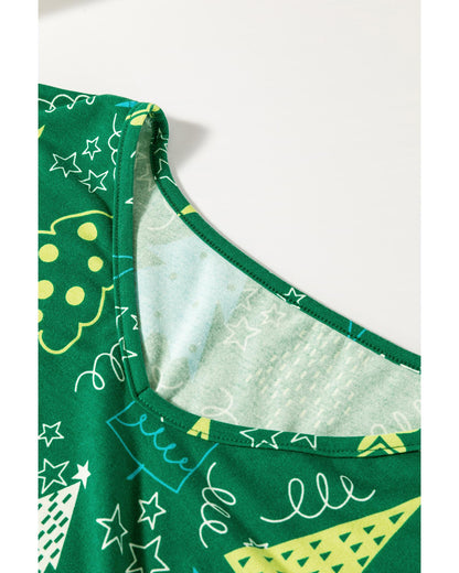 Green Christmas Tree Print V Neck Tee and Pants Lounge Set - S