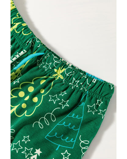 Green Christmas Tree Print V Neck Tee and Pants Lounge Set - S