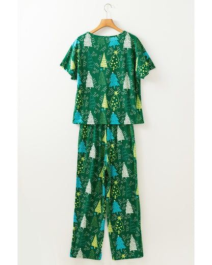 Green Christmas Tree Print V Neck Tee and Pants Lounge Set - S